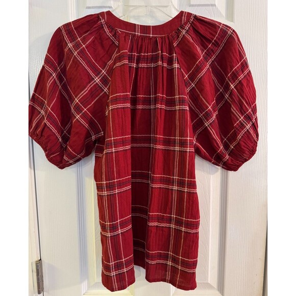 NWT LOFT Tie Neck Puff Sleeve Red Plaid Blouse Sz S Peasant Casual Comfort - Picture 5 of 11